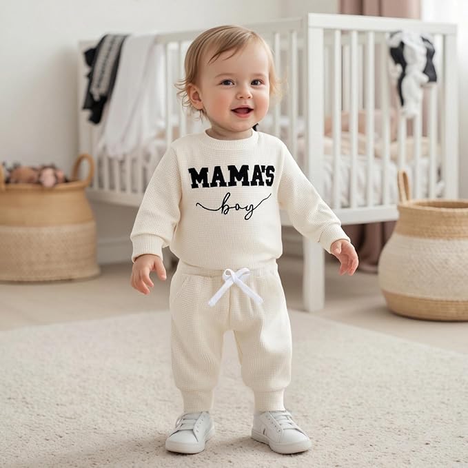 Kupretty Baby Boy Clothes 3 6 12 18 Months Fall Winter Outfit Mama's Boy Embroidery Waffle Long Sleeve Romper Pants Set