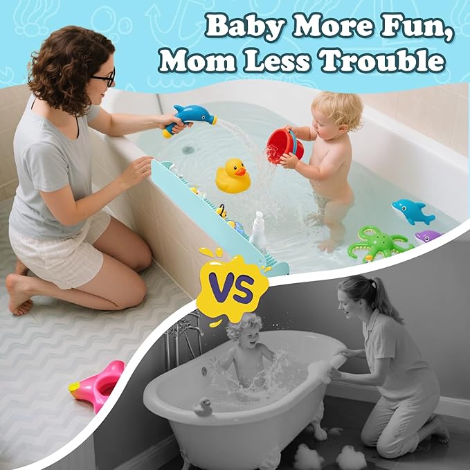 24 Inch Bathtub Splash Guard with 10 Suction Cups, Silicone Tub Water Splash Guard for Bathtub, Bath Toy Tray Holder Play Shelf for Kids, Universal for Bathroom, Kitchen Sink (Green)