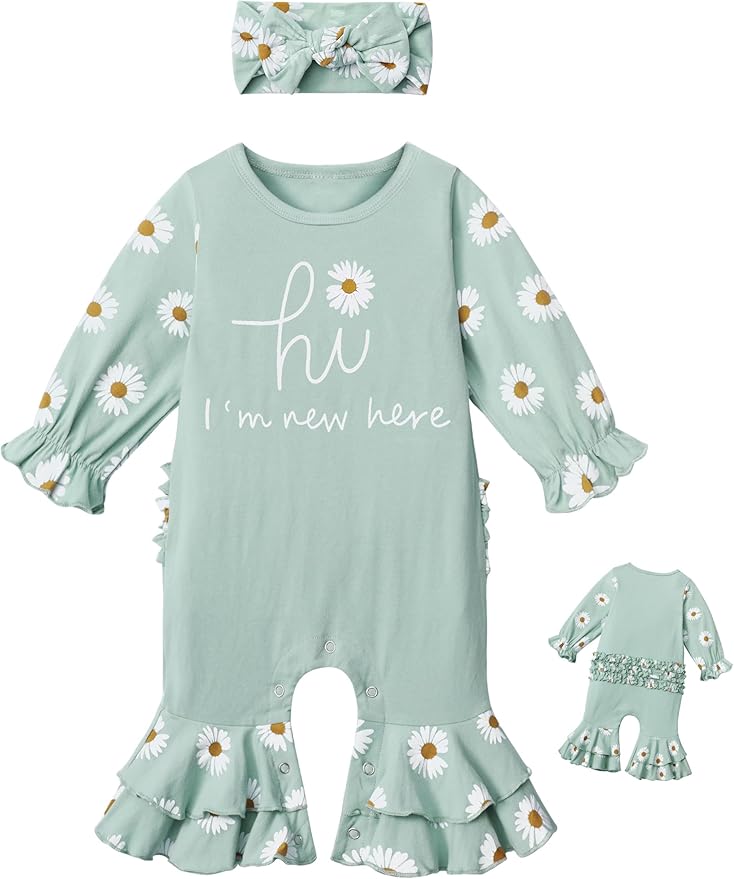 AGAPENG Newborn Girl Clothes Ruffle Letter Print Romper Infant Bell Bottom Jumpsuit Boho Baby Girl Clothes with Headband Hat