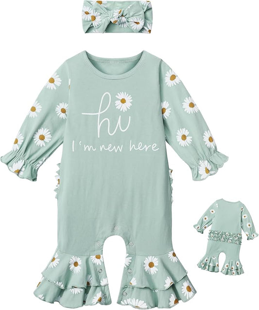 AGAPENG Newborn Girl Clothes Ruffle Letter Print Romper Infant Bell Bottom Jumpsuit Boho Baby Girl Clothes with Headband Hat