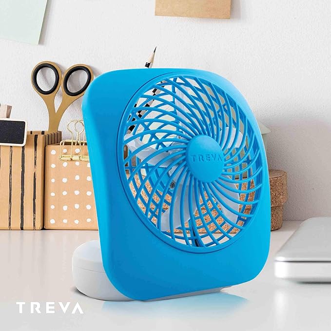 O2COOL Treva 5 Inch Battery Powered Fan Portable Desk Fan 2 Cooling Speeds with Compact Folding & Tilt Design Cubicle Accessories Small Portable (Blue)