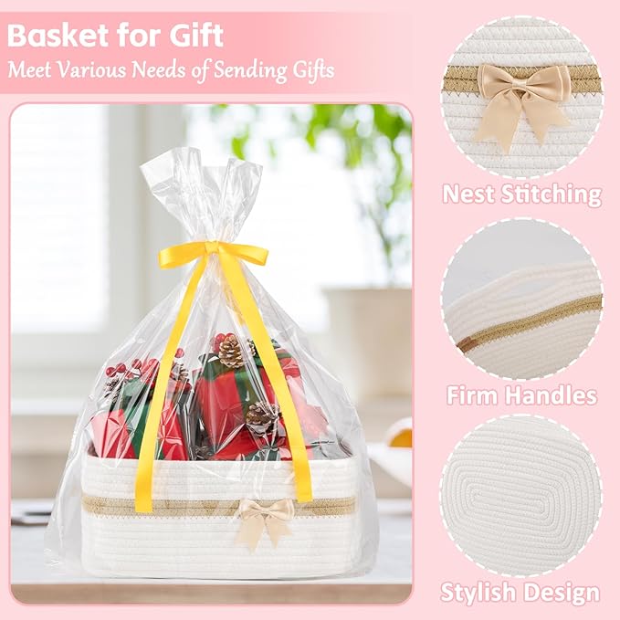 OIAHOMY Large Woven Storage Basket with Handles for Nursery Living Room Shelves, Bow Basket for Gifts Empty with Gift Bags and Ribbons for Baby Showers Pet Toy Bin - White
