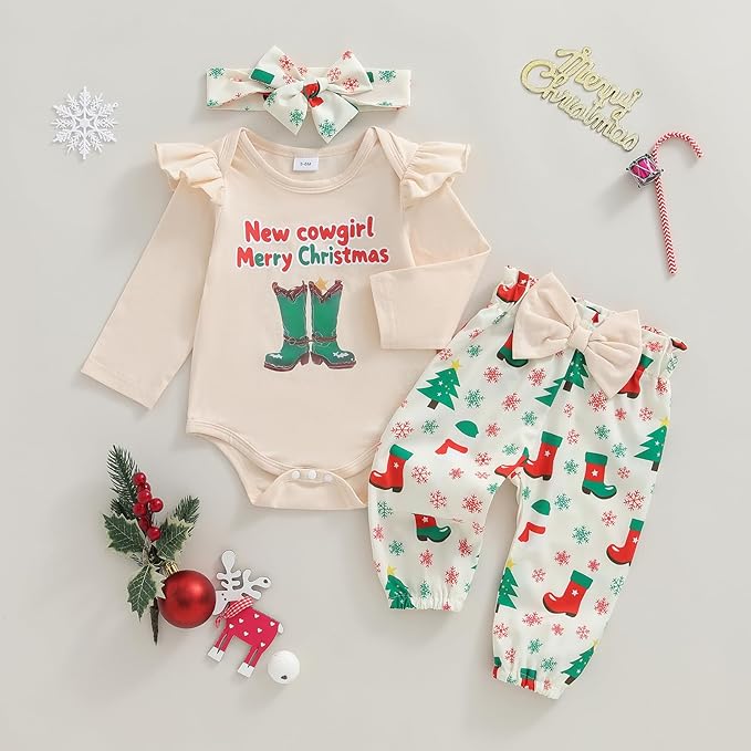 Fernvia Western Newborn Baby Girl Clothes Long Sleeve Letter Print Romper Animal Print Pants Headband 3Pcs Outfits Sets