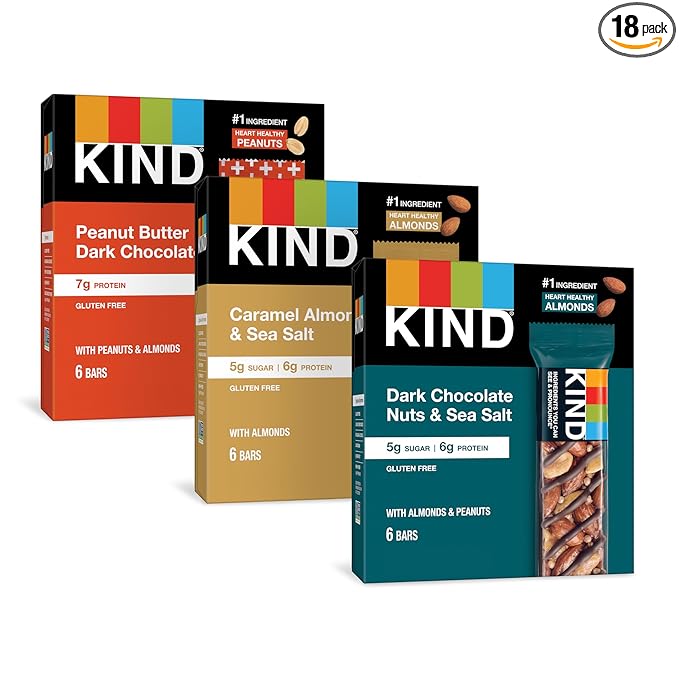 KIND Nut Bars, Favorites Variety Pack, Dark Chocolate Nuts and Sea Salt, Peanut Butter Dark Chocolate, Caramel Almond and Sea Salt, Gluten Free, Up to 7g Protein, 18 Count