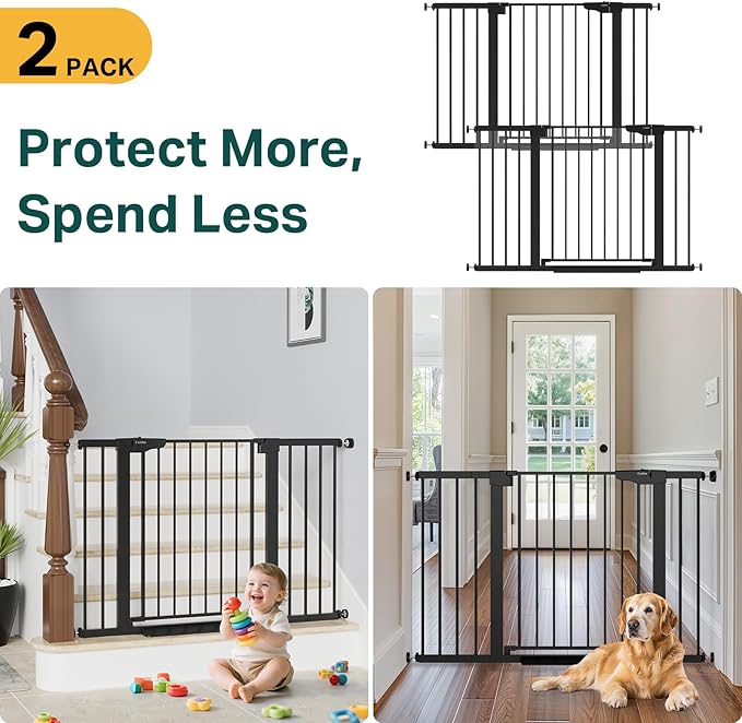 Cumbor 2 Pack 29.7"-48" Baby Gate for Stairs, Mom's Choice Awards Winner-Dog Gate for Doorways, Pressure Mounted Auto-Close Pet Gates for Dogs Indoor, Safety Child Gate with Easy Walk Thru Door,Black