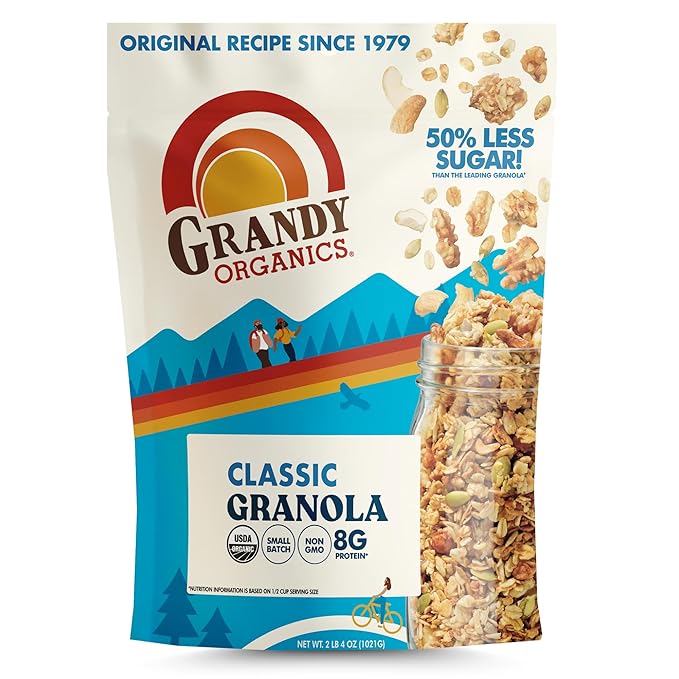 Grandy Organics Classic Granola, Certified Organic Granola Cereal, Low Sugar - Made with Oats, Pumpkin Seeds, Walnuts and Cashews, 12oz Bags, Bulk Pack of 3