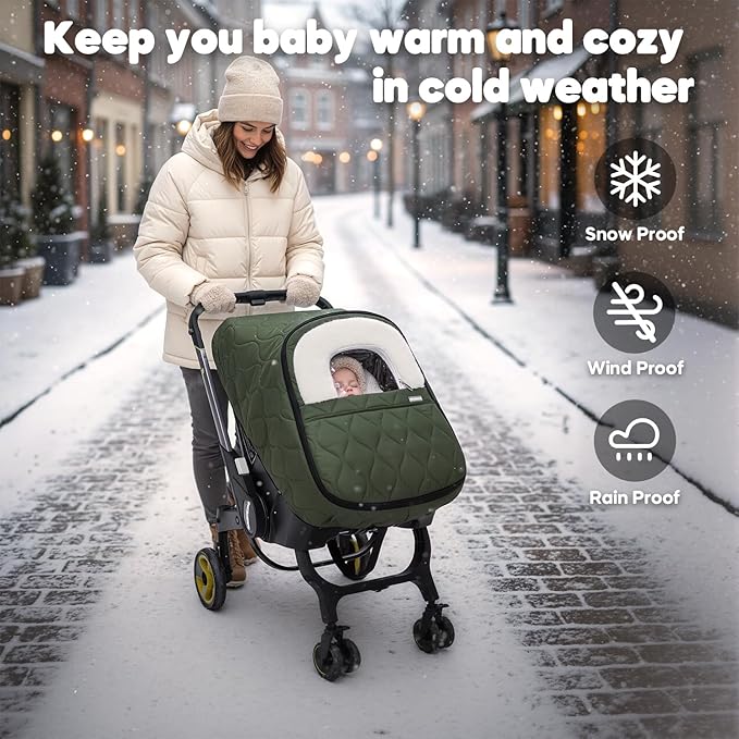 Winter Baby Car Seat Cover, Waterproof, Windproof Warm Fleece Breathable with Full Zipper for Newborn Car Seat, Green