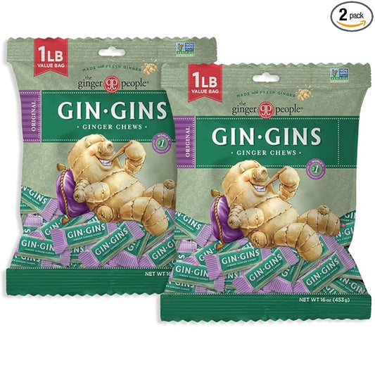GIN GINS Original Ginger Chews – Natural Fresh Ginger Candy by The Ginger People – Individually Wrapped Healthy Candy – Original Flavor – Large 1 lb Bag (16oz) – Pack of 2