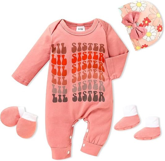 Sinhoon Newborn Baby Girl Romper Infant Letter Print Bodysuit Jumpsuit+Hat+Gloves+Socks 4Pcs Coming Home Clothes Outfit