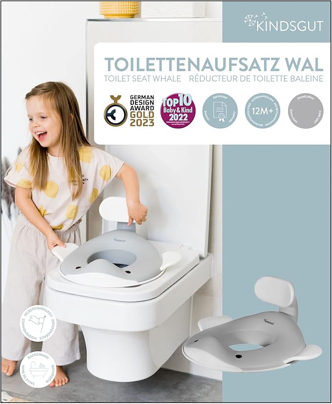 Kindsgut Potty Training Seat in whale design, designed in Germany, suitable for all toilet shapes non-slip toilet seat, Dark Grey