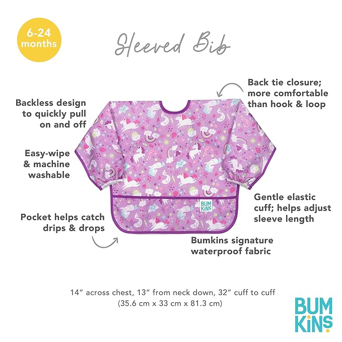 Bumkins Sleeved Bib for Girl or Boy, Baby and Toddler for 6-24 Mos Essential Must Have for Eating, Feeding, Baby-Led Weaning Supplies, Long Sleeve Mess Saving Food Catcher, Soft Fabric, Unicorn Purple