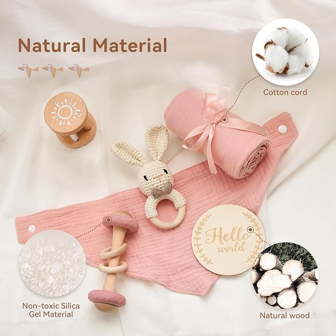 WOODEN TEETHER 6 pcs Baby Gift Set for Newborn Pink Baby Shower Gifts for Girls Baby Girl Gift Basket - Adorable & Safe Newborn Essentials