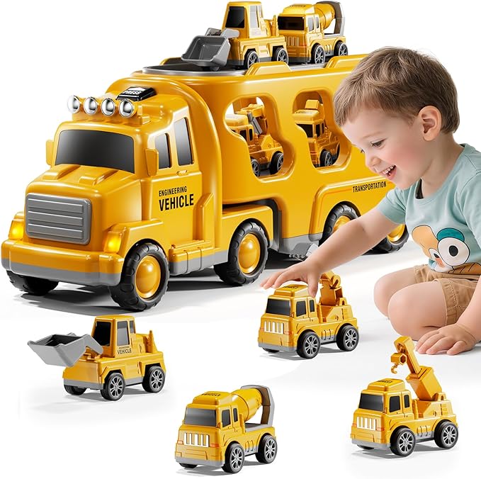 Construction Truck Toys Set for Kids Aged 1 2 3 4 5 6 7 8, Truck Playset with Toy Cars, Light and Sound, Movable Parts Construction Toys for Toddlers, Birthday Gifts for Boys Girls 2-4 4-7