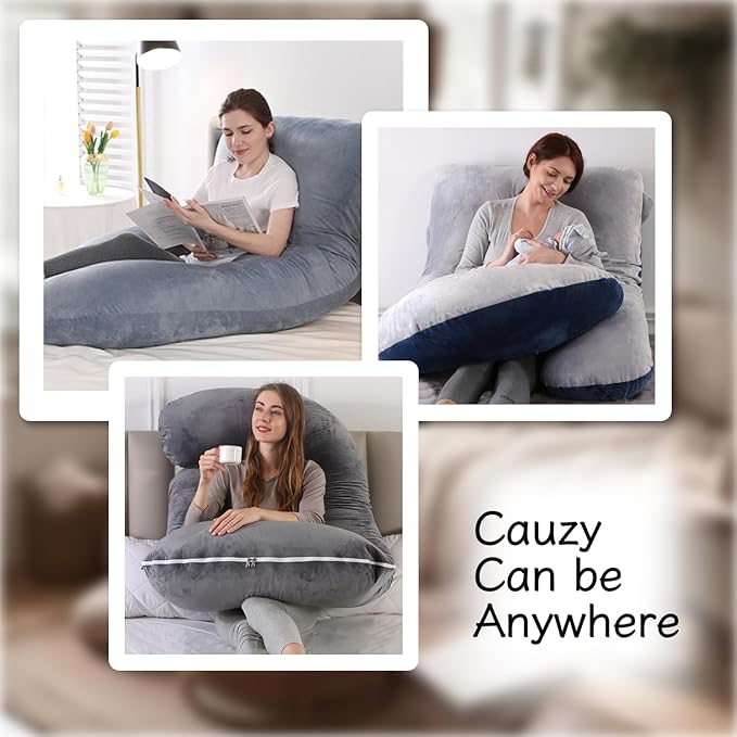 Pregnancy Pillow, Full Body Maternity Pillow 57 inch, with Removable Washable Cover - Sleep Support for Legs, Back, Neck, Shoulder, HIPS, Belly, Velvet Cover-Grey-Dark Blue