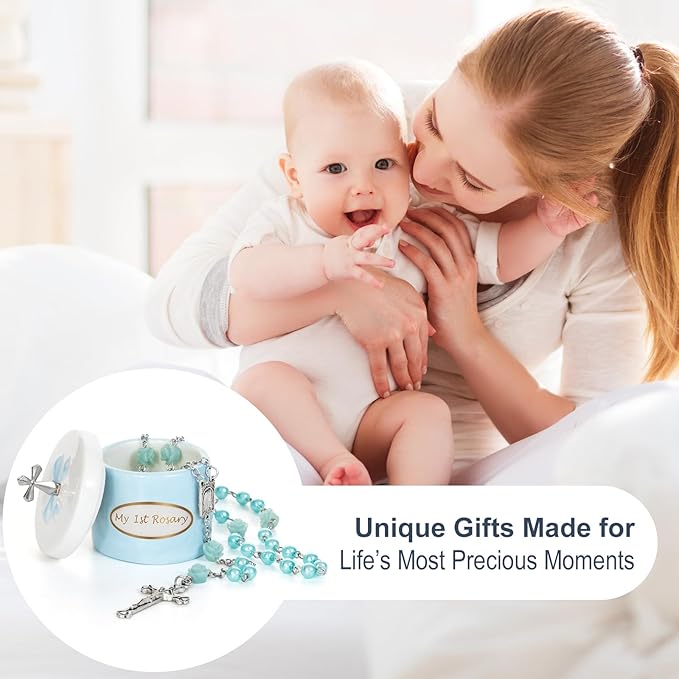 My First Blue Rosary and Keepsake Box, Catholic Baptism Gift for Baby Boy, Christening Set from Godparents, First Communion Rosary, Baby Shower Keepsake Box, Religious Boy Baptism Gifts
