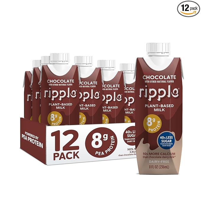 Ripple Non-Dairy Milk, Chocolate| Vegan Milk With 8g Pea Protein | Shelf Stable Single Serve Cartons | On-The-Go | Non-GMO, Plant Based, Gluten Free | 8 oz, 12 Pack