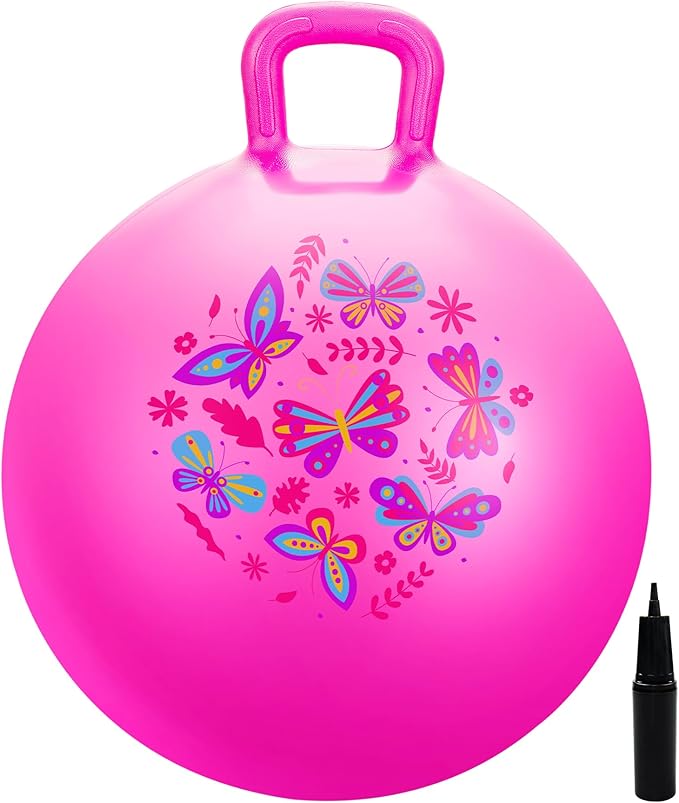 EVERICH TOY Hopper Ball, Pink Butterfly Hopping Toys for Kids, 20 Inch Bouncy Ball with Handle, Indoor Outdoor Inflatable Hoppity Hop Toy for Girls Boys Gift with Pump