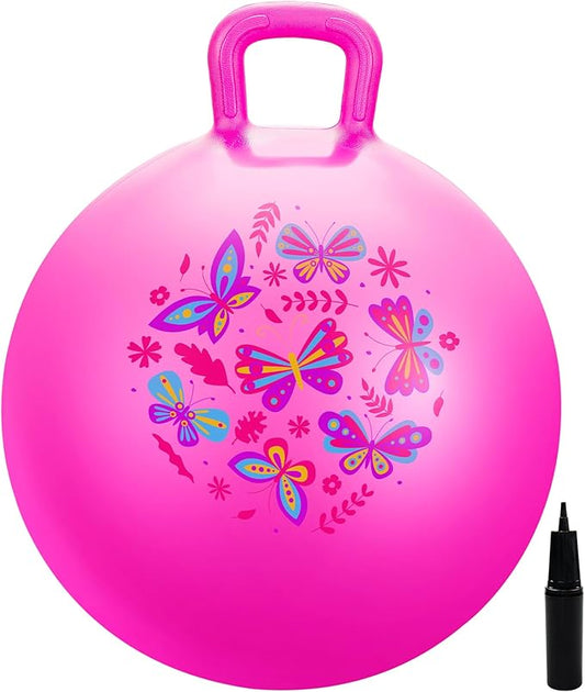 EVERICH TOY Hopper Ball, Pink Butterfly Hopping Toys for Kids, 20 Inch Bouncy Ball with Handle, Indoor Outdoor Inflatable Hoppity Hop Toy for Girls Boys Gift with Pump