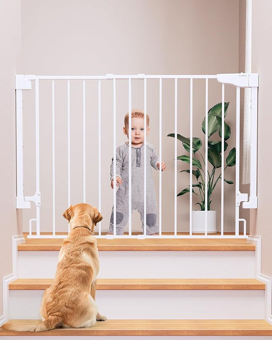 Cumbor 29.2–43" Baby Gate for Stairs, Wall-Mounted (Drill Required), Expandable No Bottom Bar Dog Gate, Auto Close Extra Wide Walk Thru, Pet & Toddler Proof Gate, Top & Bottom of Stairways (White)