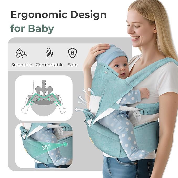 FRUITEAM 6-in-1 Baby Carrier with Waist Stool/Hip Seat, One Size Fits All -Adapt to Newborn, Baby Hip Carrier for Breastfeeding, Infant & Toddler (Green)