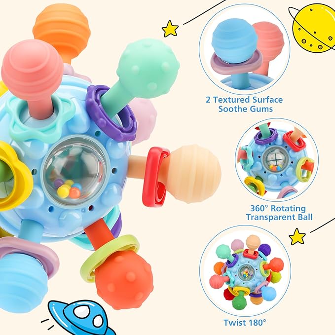 2 Pack Baby Teething Toys for 0-6 6-12 Months, BPA-Free Chew Teether Toys for Teething Pain Relief, Infant Sensory Rattles Toys, Gifts for Newborn Boys Girls 0 3 6 9 12 18 Months