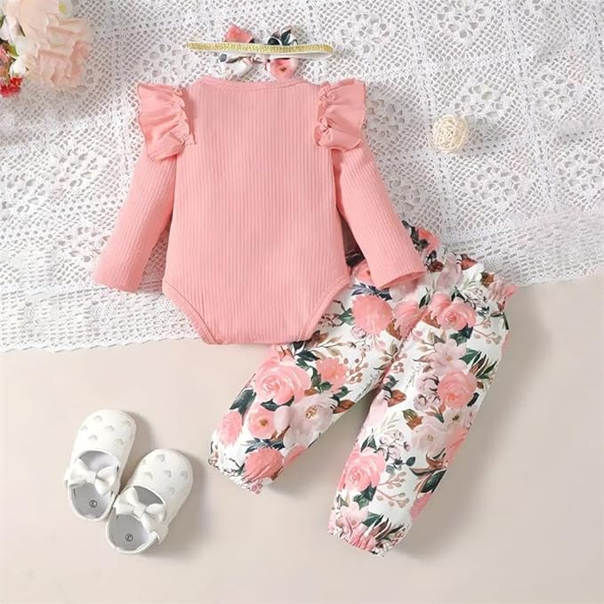 Newborn Baby Girl Clothes Infant Girl Outfits Long Sleeve Ruffle Romper + Floral Pants + Headband Set