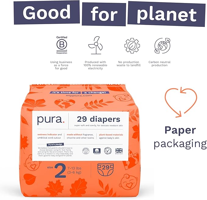 Pura Hypoallergenic Diapers Size 2 (7-13 lbs) Monthly Pack, Totally Chlorine Free, Wetness Indicator, Suitable for Sensitive Skin, Soft Organic Cotton Comfort, Overnight, 6 Packs of 29 (174 Diapers)