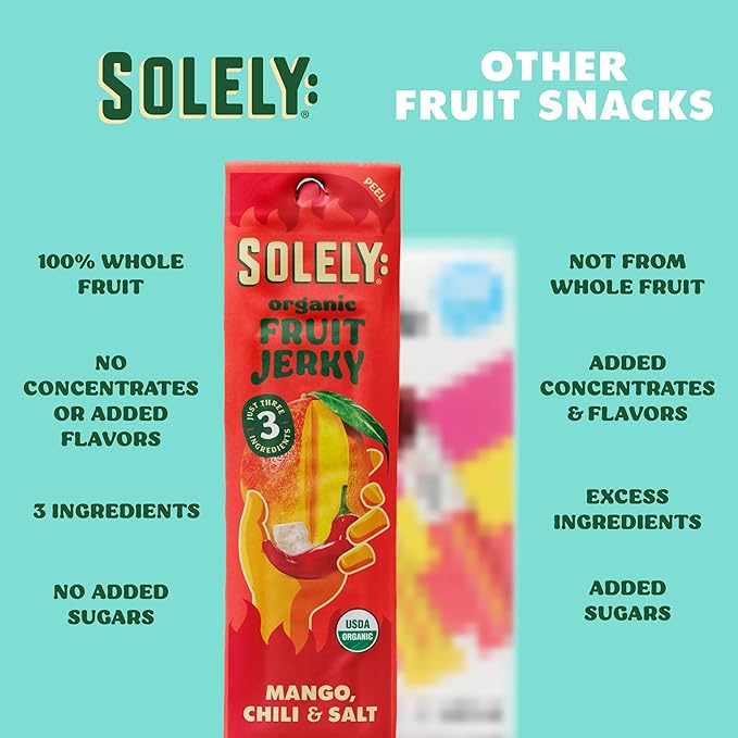 SOLELY - Organic Spicy Mango Chili and Salt Fruit Jerky - 12 Individually Wrapped Strips - Fruit Leather Made from Dried Fruit - Healthy Snacks for Adults & Kids - Vegan, Non GMO - 0.8oz (23g)