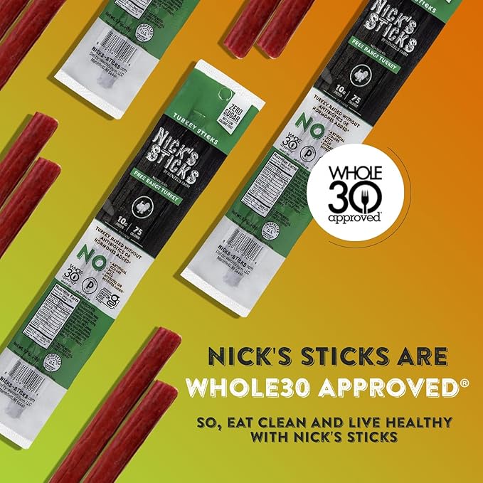 Nick's Sticks Clean & Balanced Free Range Turkey Snack Sticks | Made in the USA | Gluten Free | Paleo, Keto, Whole30 Approved | No Soy, Antibiotics or Hormones (12 – 1.7oz. Packs of 2 Sticks)