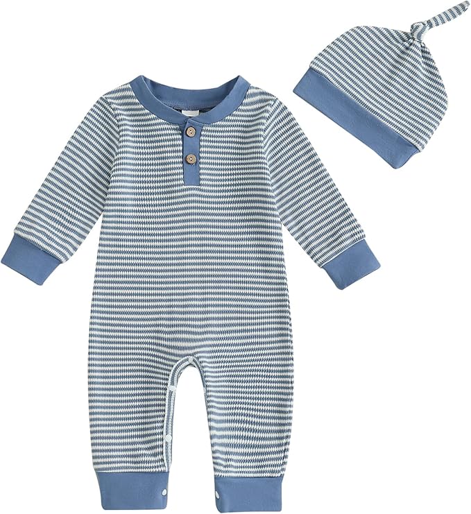 fhutpw Newborn Baby Boy Clothes Ribbed Knit Bodysuit 3 6 Months Infant Fall Long Sleeve Splicing Color Romper Jumpsuit & Hat