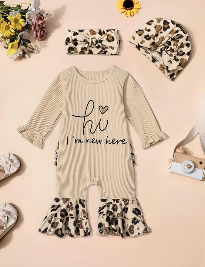 AGAPENG Newborn Girl Clothes Ruffle Letter Print Romper Infant Bell Bottom Jumpsuit Boho Baby Girl Clothes with Headband Hat