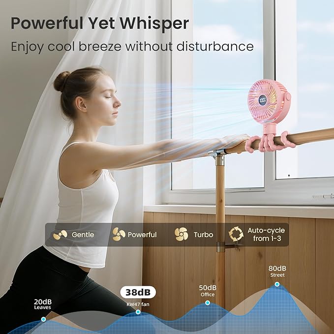 Portable Stroller Fan, 4000mAh Rechargeable Clip on Baby Fan 25H Battery Life, Head Detachable 360° Rotate Mini Fans, 4 Speed Personal Fans with Night Light for Car Seat Crib Bike Treadmill