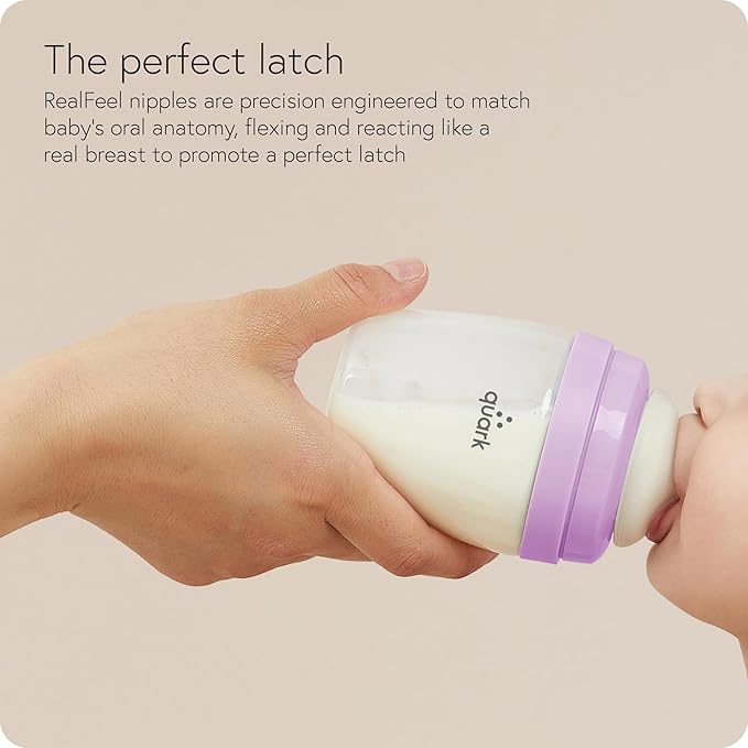 BuubiBottle Max Slow Flow Bottle for Newborn Babies by Quark - with Anti-Colic RealFeel Nipple to Simulate Breastfeeding - BPA-Free, PVC-Free, Toxin-Free - 8 Oz Bottle with Lid, 2 Pack - Purple