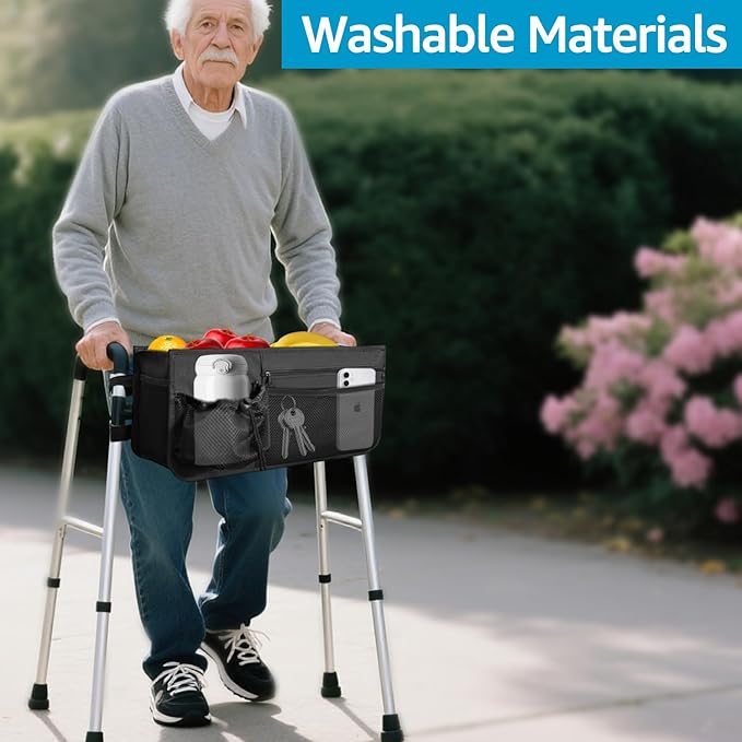 Basket for Walkers for Seniors Detachable, Walker Storage Bags and Pouches Accessories for Rolling Folding Walker to Carry Things, Rollator Walker Foldable Basket with Cup Holder, Gifts for Seniors