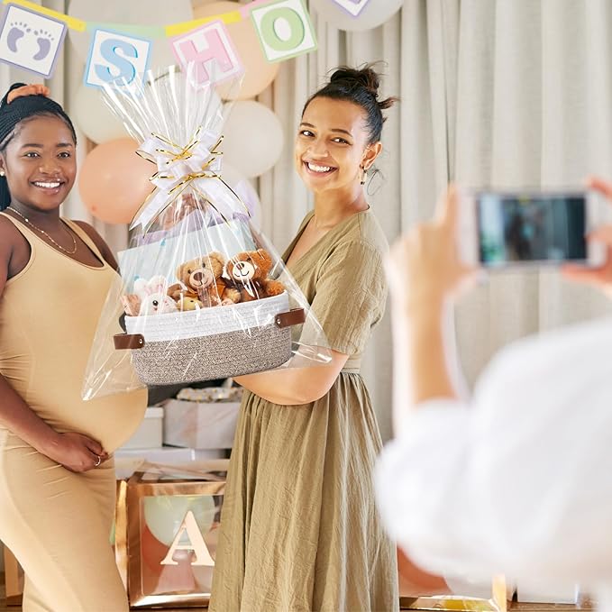Colingmill 3 Pack Small Woven Basket for Gifts with Handles Clear Bags and Ribbons Empty Storage Basket Decorative Chest Box for Halloween Thanksgiving Day Birthday(White and Khaki,12"x 8"x 5")