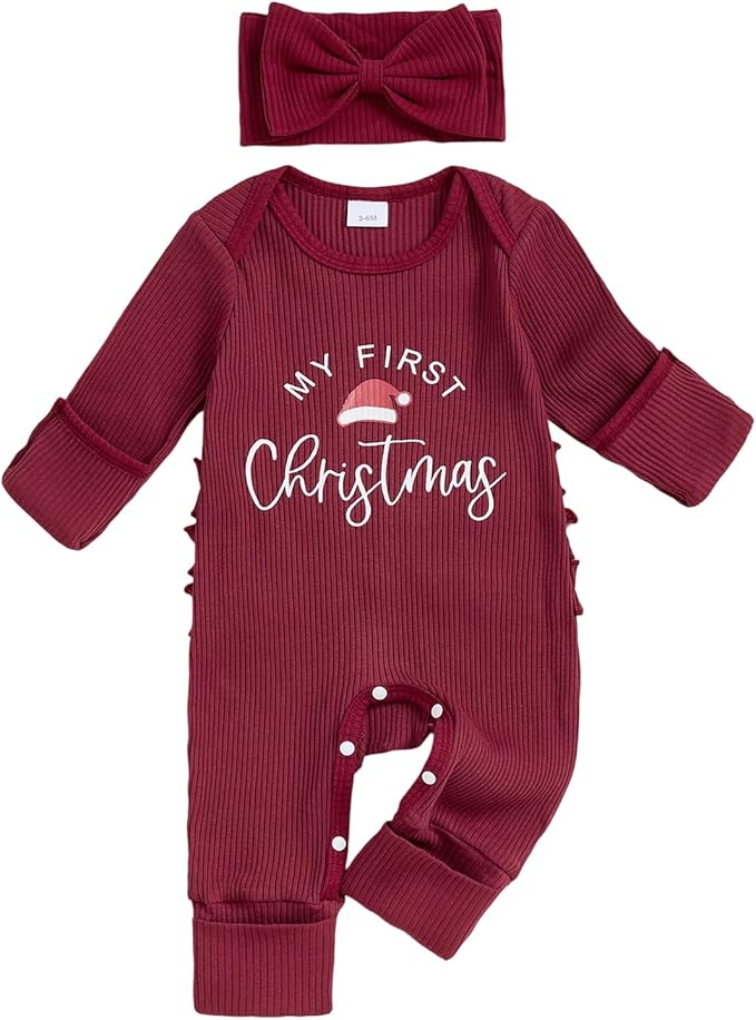 Newborn Baby Girls Rompers Knit Round Neck Long Sleeve Infant Fall Jumpsuits with Headband Coming Home Outfit