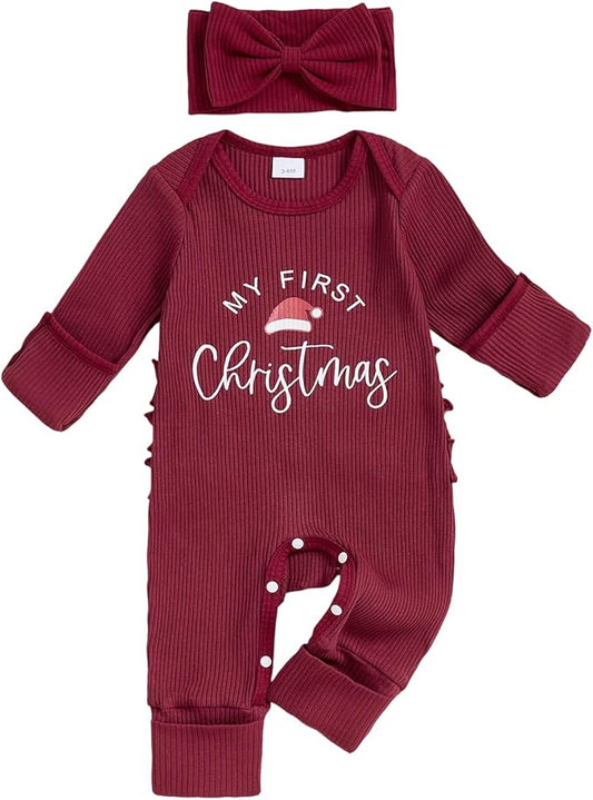 Newborn Baby Girls Rompers Knit Round Neck Long Sleeve Infant Fall Jumpsuits with Headband Coming Home Outfit