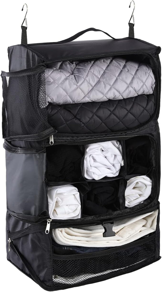 TABITORA Travel Portable Hanging Shelves Closet Organizer Packing Luggage Storage with Multifunctional and Foldable Invisible Compartment,Lightweight, for Suitcase, RV,Closet…Black,XL
