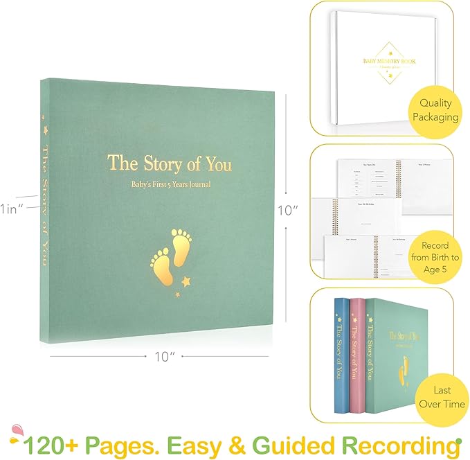 Baby Memory Book First 5 Year Boy or Girl Keepsake Journal Photo Albums Scrapbook, Gifts for Baby Shower First Time Mom New Parents (Footprint - Sage Green)