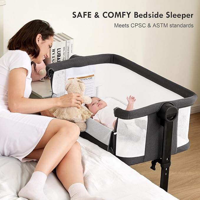 Bassinet Bedside Sleeper - All-Mesh Design, Portable Bedside Bassinet for Baby with Washable Mattress, 5 Adjustable Heights (Black)