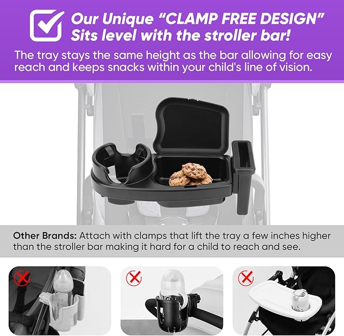 Universal Stroller Snack Tray, 3 in 1 Stroller Cup Holder with Phone Holder and Silicone Flexible Arms Grip, Stroller Tray Attachment Compatible with Uppababy, Baby Jogger, Britax (Snack Tray)