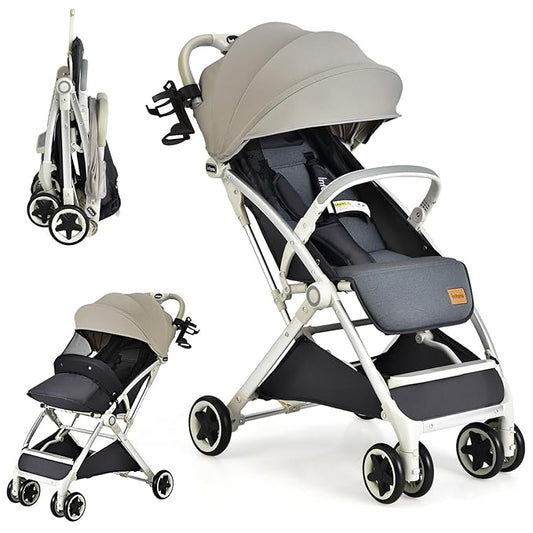 INFANS Lightweight Baby Stroller, Compact with One-Hand Fold, Travel Stroller for Airplane with Cup Holder, 5-Point Harness, Foot Cover, Canopy, Infant for 0-36 Month (Grey)