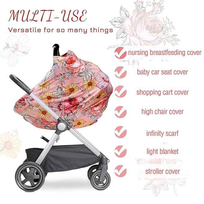 Pink Baby Car Seat Cover Girls, Infant Carseat Canopy, Stretchy Multi- use Nursing Cover for Stroller/High Chair/Shopping Cart/Car Seat Canopies (Floral)