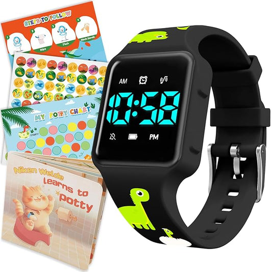 Toddler Potty Training Set – Potty Training Watch with Musical/Vibration Alerts, Fun Board Book, Progress Chart & Reward Stickers – Interactive Toilet Learning Kit for Boys and Girls Ages 2-6