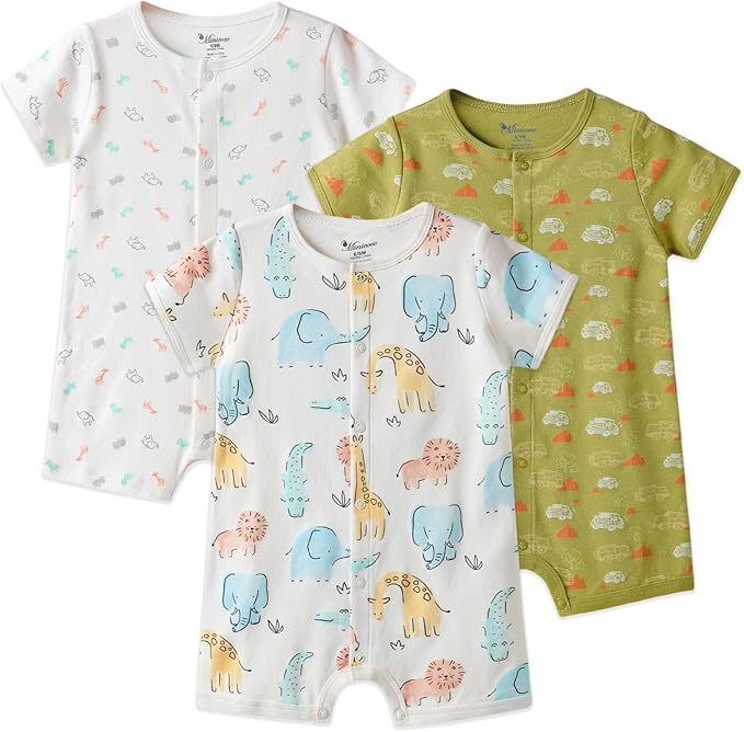 3-Pack 100% Cotton Baby Boy Rompers,0-24Months Short Sleeve Toddler Romper,Breathable Spring/Summer Clothes