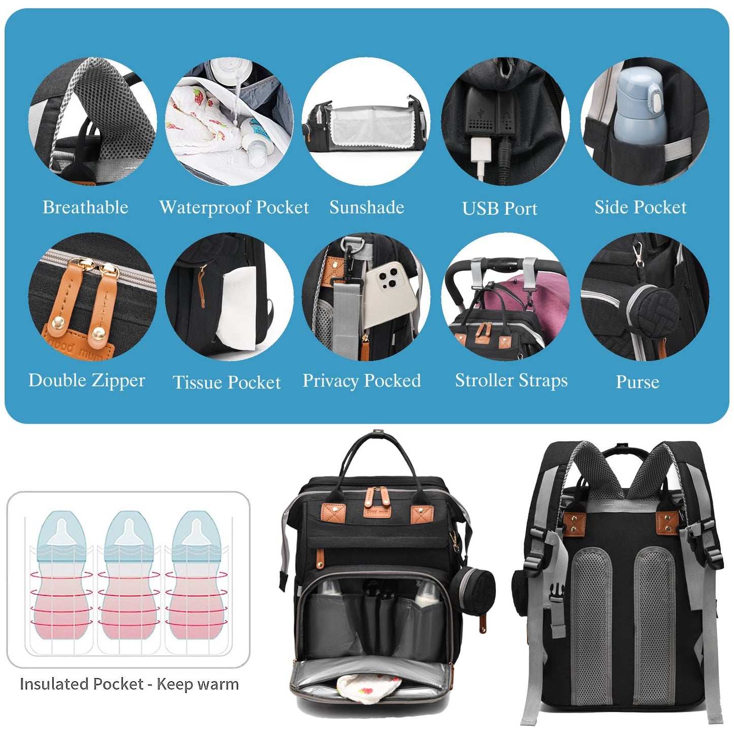 Jeryswet Baby Diaper Bags with Changing Station, Waterproof Large Capacity Diaper Bag Backpack for Moms Dads with USB Charging Port and Stroller Straps, Baby Shower Gifts, Pink-Grey