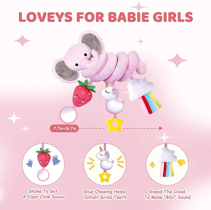 Spiral Car Seat Toys for Baby Girls 0-6 Months, Perfect Newborn Gifts for Girls Essentials, Cute Pink Elephant Strawberry Hanging Plush Items