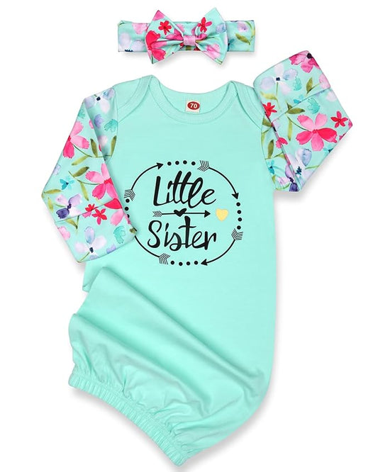 Baby Gown 0-6 Months Newborn, Super Soft Breathable Baby Nightgowns, Little Sister Nightgowns Coming Home Infant Gown with Headband Set Mint Green