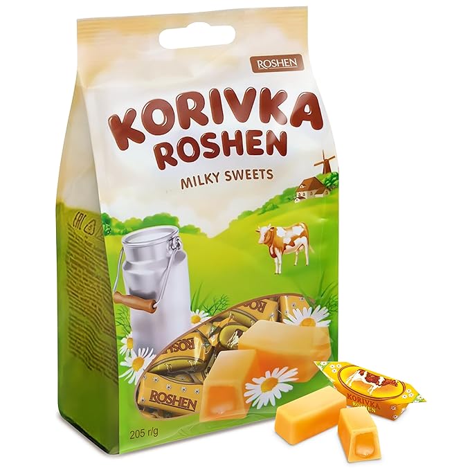 Roshen Korivka Milk Fudge Candy, 13.33oz (378g), Approx. 14 Pieces, Ukrainian Non-Glazed Dairy Fudge with Sugary Crust & Creamy Liquid Filling, Individually Wrapped, Kosher, Halal - Pack of 1