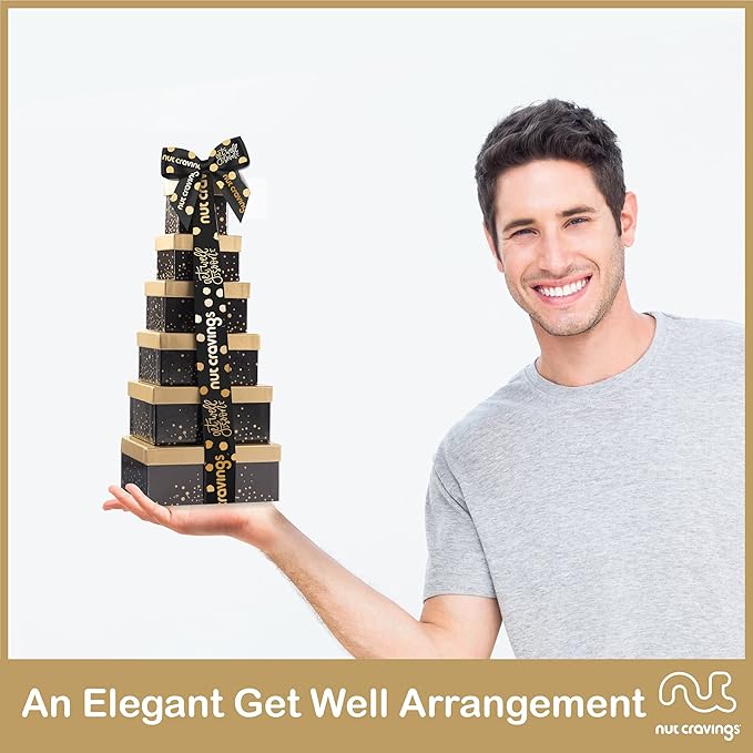 NUT CRAVINGS Gourmet Collection - Get Well Soon, Nuts & Dried Fruits Tower Gift Basket with Get Well Soon Ribbon (12 Assortments) Food Arrangement, Healthy Snack Care Package, Food Assortments
